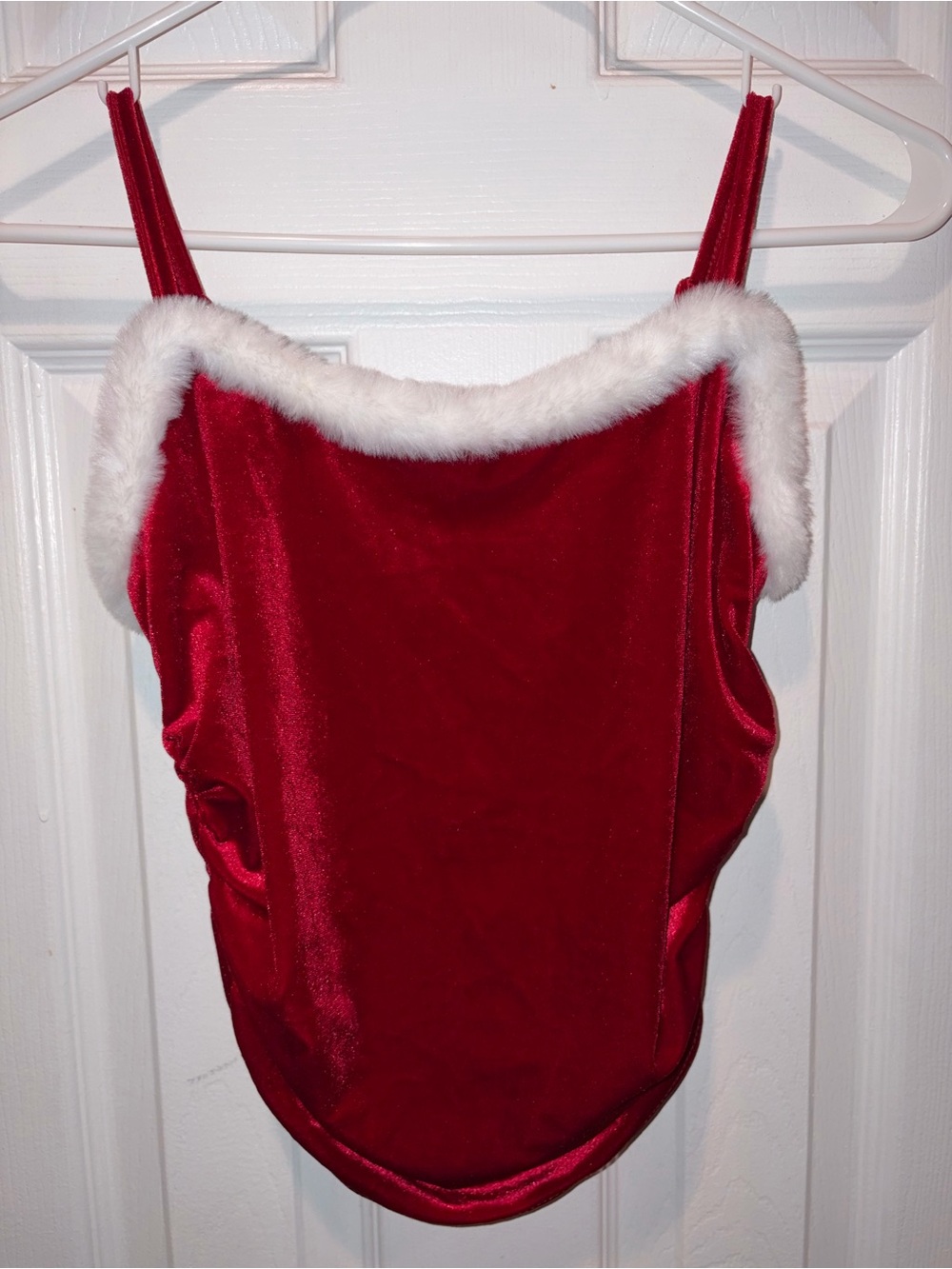 SHEIN Red Velvet Holiday Cami with White Faux Fur Trim